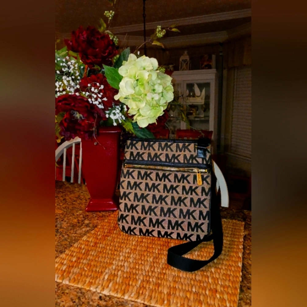 Michael Kors Tan and Black MK Logo Crossbody Bag
